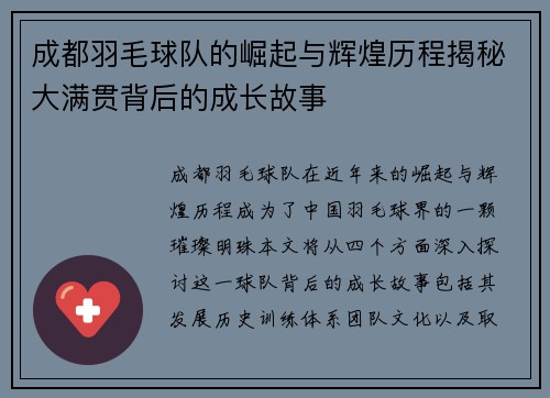 成都羽毛球队的崛起与辉煌历程揭秘大满贯背后的成长故事