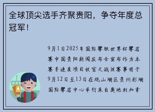 全球顶尖选手齐聚贵阳，争夺年度总冠军！
